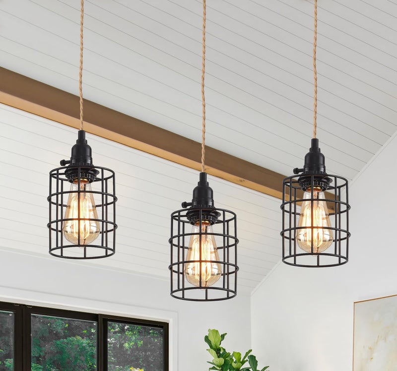 KENMI 3-Light Hanging Light with Plug in Cord,Plug in Pendant Light 22ft Hemp Rope Pendant Lighting Vintage 3-Light Hanging Lamp Fixtures for Kitchen Island Living Room Bedroom - Image 2
